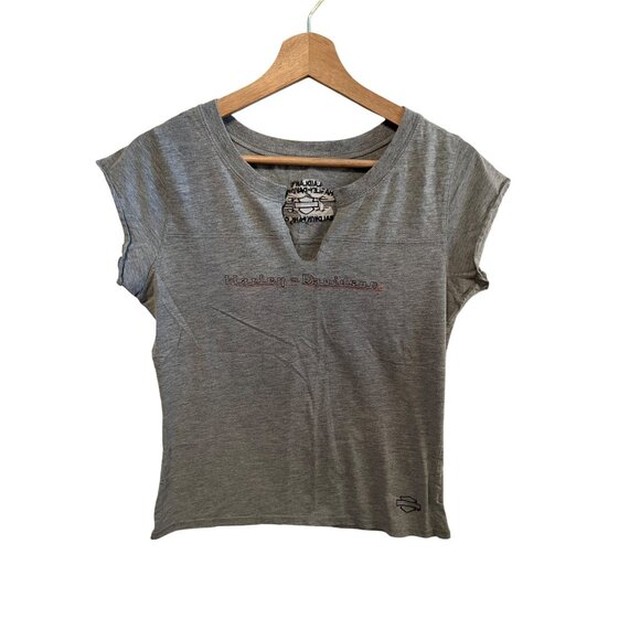 Harley-Davidson Tops - Harley Davidson Gray Tee Short Sleeve Tshirt Cutout Neck Women's Size L Y2K